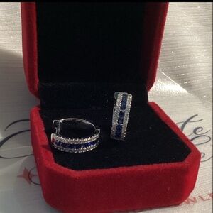 Blue Sapphire Hoop Earrings CZ Double Row Halo Huggie  Earrings